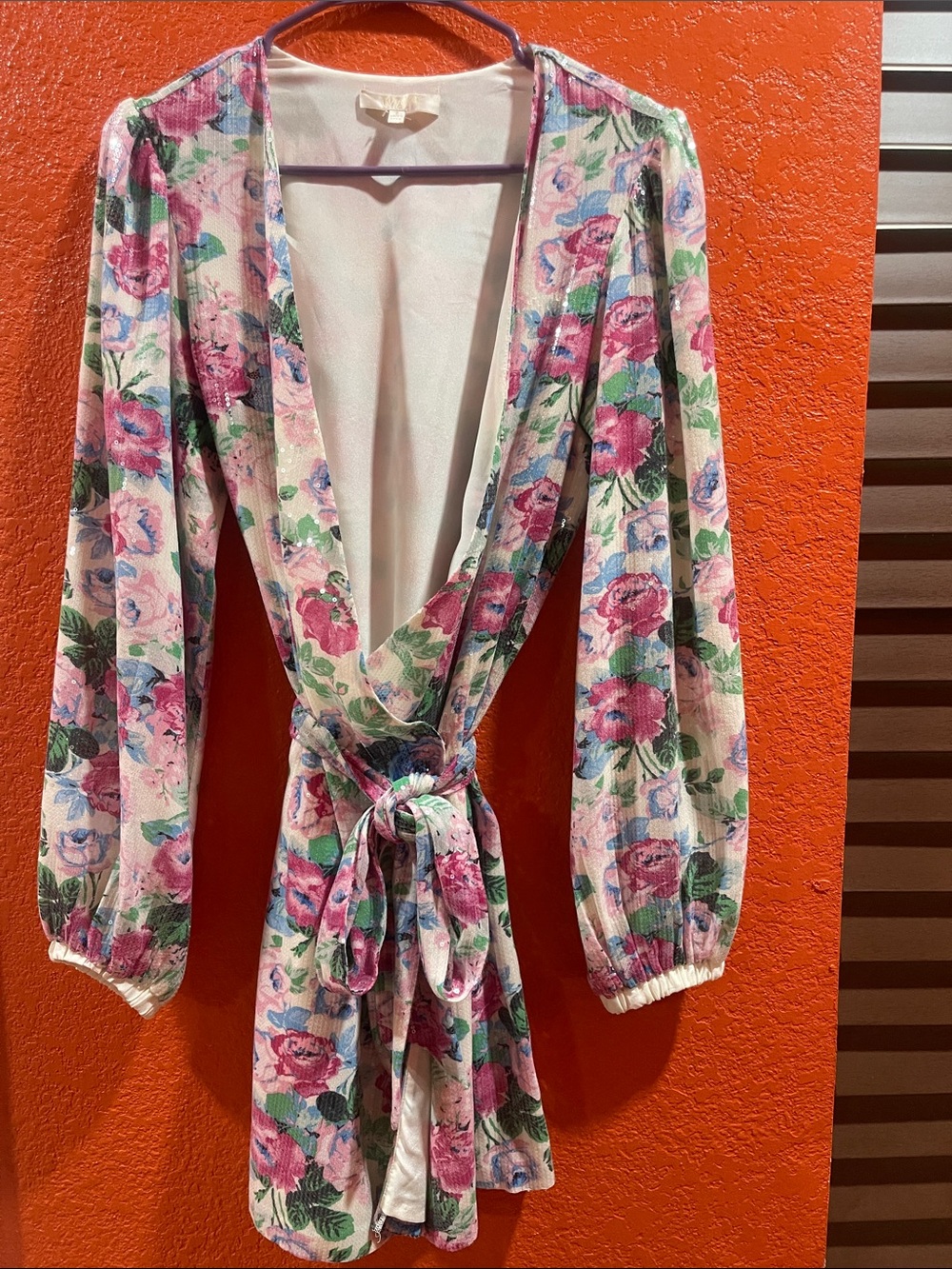 Wayf Pink Floral Wrap Mini Dress with Green Accents